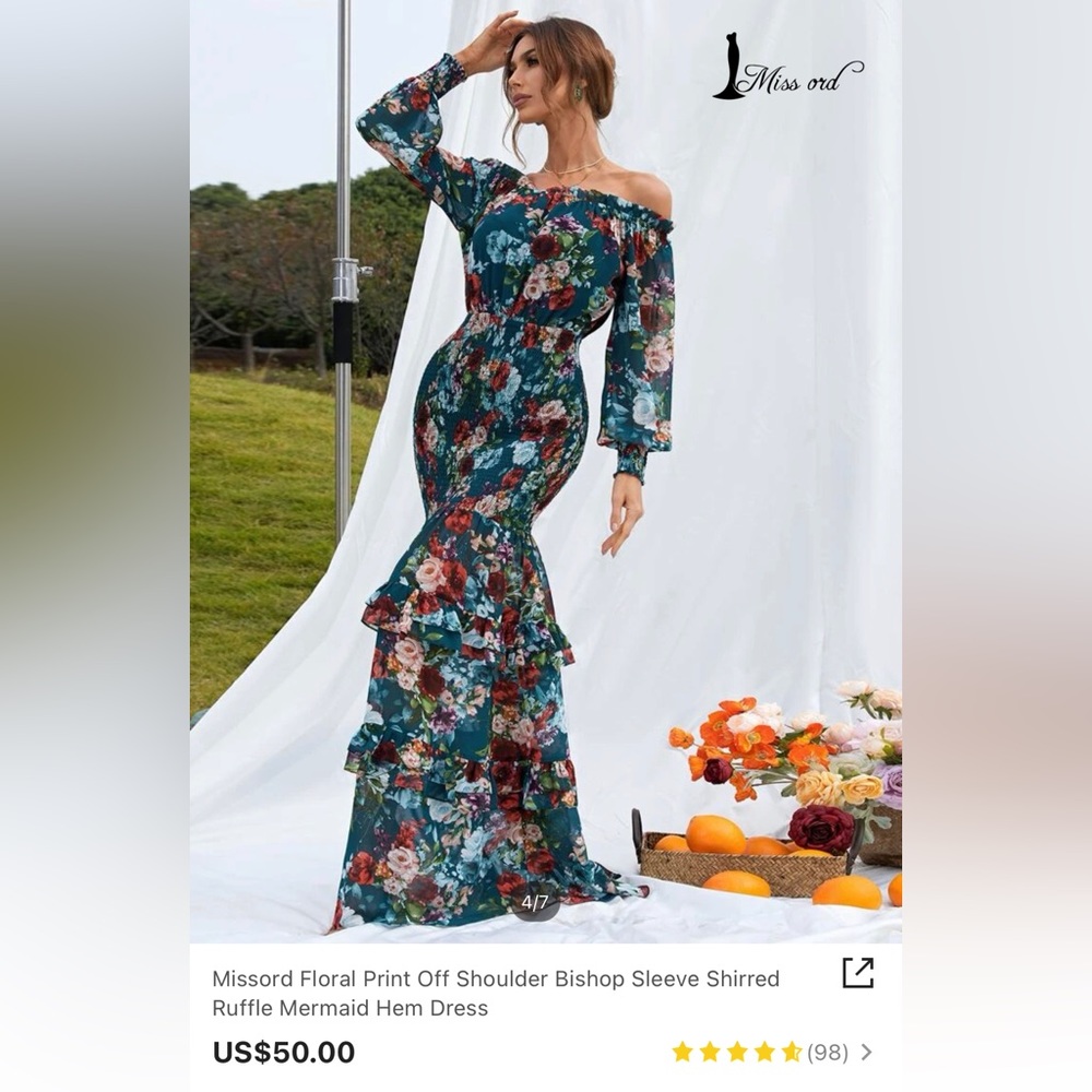Missord Floral Print Off Shoulder Bishop Sleeve Shirred Ruffle Mermaid Hem Dress